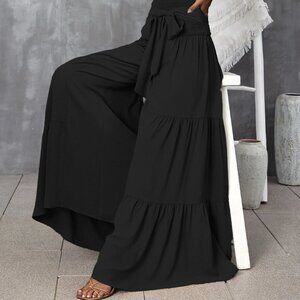 Black Boho Womens Shirred Waist Tie Front Ruffle Hem Wide Leg Pants